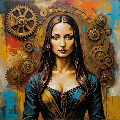 This artwork features a woman with long, dark hair as the central figure, surrounded by a chaotic yet intricate backdrop of steampunk-inspired gears and mechanical elements. The spatial relationship places the woman at the forefront, her gaze direct, while the gears swirl around her, creating a dynamic and slightly surreal composition. The style is a blend of portraiture and abstract expressionism, with bold brushstrokes and vibrant colors.