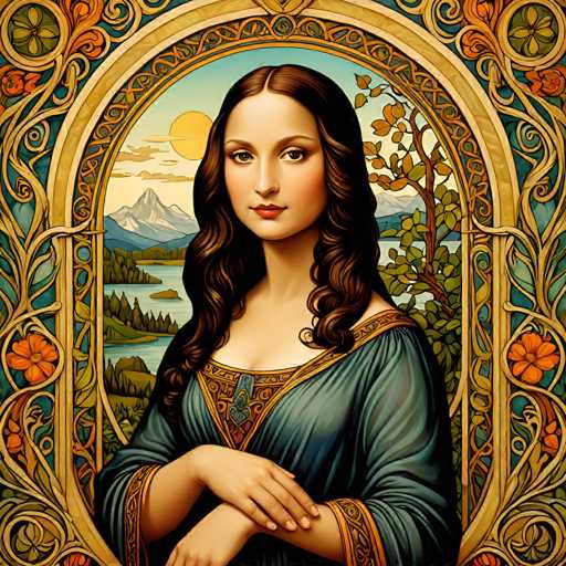 This artwork presents a portrait of a woman with long, flowing brown hair, adorned in a teal gown with intricate gold detailing. She's framed by an ornate, golden archway depicting a landscape with mountains and a serene lake. The style is reminiscent of Art Nouveau, emphasizing organic lines and decorative patterns in a warm, slightly fantastical setting.