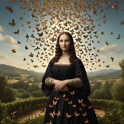 A surreal, digitally-enhanced portrait of the Mona Lisa is presented with a swarm of butterflies cascading from above. The Renaissance-style painting features a woman in a dark gown, her hands clasped, set against a landscape of rolling hills and a sky filled with more butterflies. The art style blends classical portraiture with an ethereal, fantastical element.