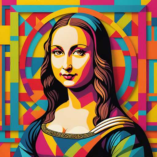 This vibrant, digitally-altered portrait reimagines the Mona Lisa in a bold, geometric style. The subject is a stylized, colorful rendition of the iconic Renaissance painting, with a mosaic-like background of interlocking shapes. The spatial relationship is flattened, emphasizing the subject's gaze while maintaining a modern, abstract feel.