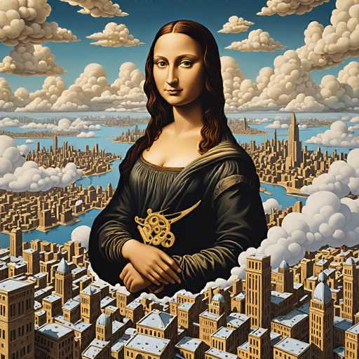 The image features a stylized, digitally-rendered portrait of the Mona Lisa, dramatically floating amidst a miniature cityscape. The artwork employs a highly detailed, slightly surreal style reminiscent of Renaissance art, with the Mona Lisa's serene expression contrasting with the bustling urban environment. The spatial relationship places the portrait as a central, ethereal figure within this miniature world.