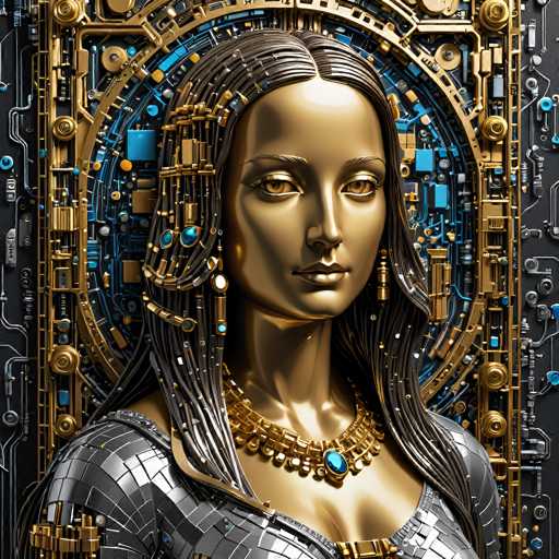 This digital artwork features a golden, highly detailed woman with long, dark hair and intricate cybernetic details. She's positioned centrally against a complex, circular backdrop of metallic circuitry and glowing blue components. The style is futuristic and ornate, blending organic and technological elements in a visually captivating portrait.