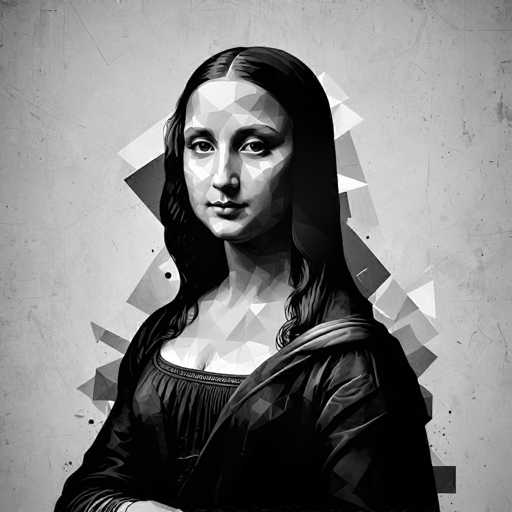 This is a digital artwork of the Mona Lisa, reimagined in a modern, geometric style. The portrait features a woman with a serene expression, her dark hair flowing around her shoulders. The background is a textured, abstract grid, contrasting with the sharp, angular lines of the subject's features. The overall effect is a contemporary take on a classic Renaissance masterpiece.