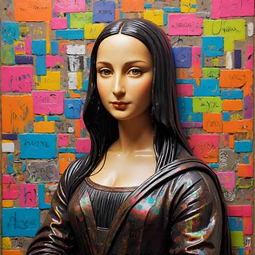 The image features a digital artwork of the Mona Lisa, reimagined with a vibrant, graffiti-style brick wall backdrop. The portrait is rendered in a photorealistic style, contrasting with the chaotic, colorful texture of the wall. The subject's serene expression stands out against the busy background, creating a juxtaposition between classical art and modern urban aesthetics.