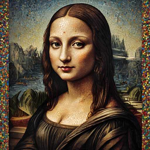 This mosaic-style artwork reimagines Leonardo da Vinci's Mona Lisa, depicting the iconic portrait with a detailed, pixelated texture. The subject is a woman with a serene expression, her gaze direct and captivating. She's draped in a dark garment, with a landscape of mountains and water forming the background, all rendered in a mosaic of small, colorful tiles.
