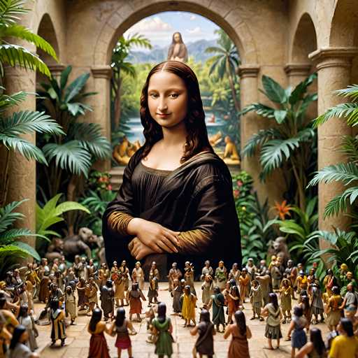 The image features a miniature, life-sized Mona Lisa figure surrounded by a crowd of tiny people in a detailed, Renaissance-style setting. The spatial relationship places the miniature Mona Lisa centrally, with the crowd forming a throng around her, emphasizing her iconic presence. The art style is a blend of realistic miniature rendering and the classic Renaissance portraiture of Leonardo da Vinci's Mona Lisa.