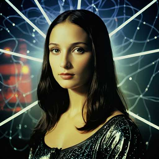 A young woman with dark, wavy hair gazes directly at the viewer in a portrait bathed in neon-lit, geometric patterns. The background features glowing lines and abstract shapes, creating a futuristic, slightly ethereal atmosphere. The focus is on the woman's direct gaze and soft expression, highlighting a modern, artistic style.