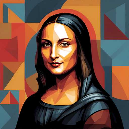 This digital artwork reimagines the Mona Lisa in a vibrant, geometric style reminiscent of Bauhaus. The portrait features a stylized, angular rendition of the iconic painting's subject, Lisa del Gioconda. The composition utilizes bold, flat shapes and a limited color palette of oranges, blues, and browns to create a modern, abstract interpretation.