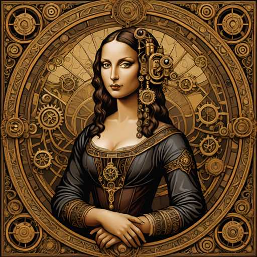 This intricately detailed digital artwork features a woman with elaborate steampunk-inspired jewelry, surrounded by a circular clockwork design. The central figure is framed by gears and mechanical elements, creating a vintage, ornate aesthetic with a focus on intricate detail and a warm, golden color palette.