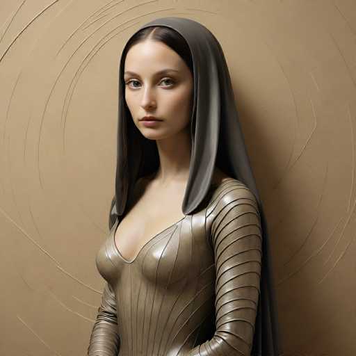 A woman in a futuristic, metallic golden gown and dark grey hood is centrally positioned against a textured beige backdrop. The art style is highly stylized, with a focus on smooth, flowing lines and a dramatic, almost ethereal quality. The spatial relationship is one of close proximity, emphasizing the subject's elegant presence.