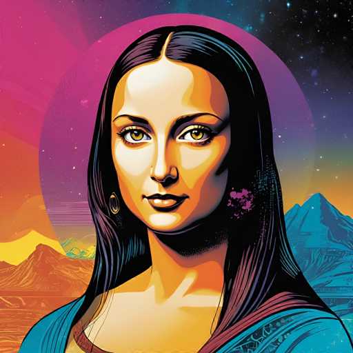 This vibrant portrait features a woman with long, dark hair and striking yellow eyes, centrally positioned against a colorful, stylized backdrop of mountains and a cosmic-like sky. The art style is bold and graphic, employing flat color blocks and strong lines to create a modern, illustrative feel.