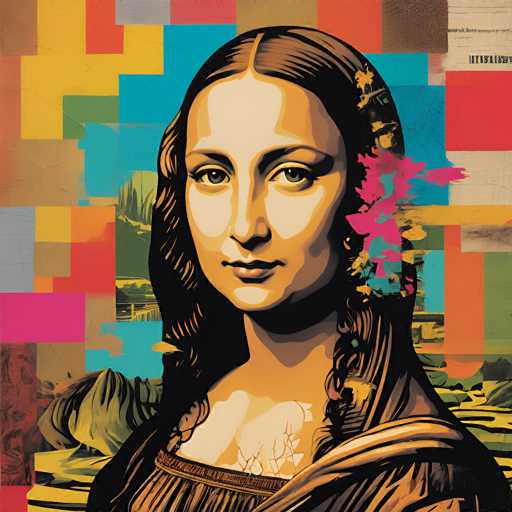 This digital artwork reimagines Leonardo da Vinci's Mona Lisa with a vibrant, collage-inspired style. The iconic portrait is overlaid with fragmented geometric shapes and bold color blocks, creating a modern, abstract interpretation. The subject's serene expression remains central, juxtaposed with the dynamic, textured background.
