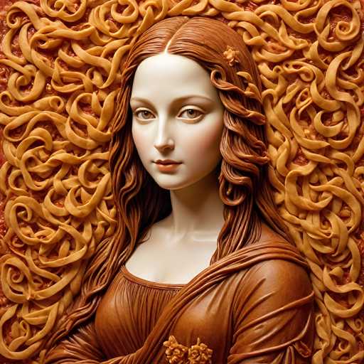 This intricately detailed, digitally-rendered artwork depicts a woman's portrait in a highly stylized, possibly Renaissance or Baroque, fashion. The main subject is a woman with flowing, curly brown hair and a serene expression, wearing a warm-toned garment. She is framed by an ornate, swirling, golden pattern that creates a textured backdrop, emphasizing the intricate detail and depth of the piece.