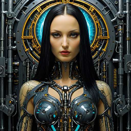 A strikingly beautiful woman with long black hair and cybernetic enhancements dominates the frame. She's positioned centrally against a complex, metallic backdrop of gears and glowing blue circuitry, creating a futuristic, almost steampunk aesthetic. The focus is on her intense gaze, highlighting the blend of organic and mechanical elements in her design.