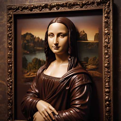 The image features a 3D rendering of a bronze-like Mona Lisa bust, presented within an ornate, dark brown frame. The bust is positioned against a backdrop depicting a landscape with a serene river and distant mountains, characteristic of the Renaissance art style. The spatial relationship is one of close proximity, with the bust occupying the foreground and the landscape providing a detailed background.