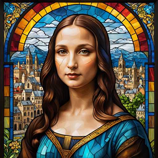 This stained-glass portrait features a woman with long, flowing brown hair, reminiscent of the Mona Lisa, set against a detailed cityscape backdrop. The artwork employs a vibrant stained-glass style with rich colors and intricate patterns, creating a visually striking and slightly surreal composition.