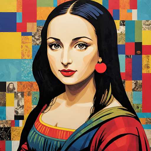 This vibrant portrait features a woman with long, dark hair and bold red lips, wearing a colorful patterned garment. The artwork employs a collage-like style with various patterned squares forming the background, creating a visually dynamic and textured composition. The woman's face is centrally positioned, drawing the viewer's attention to her direct gaze.