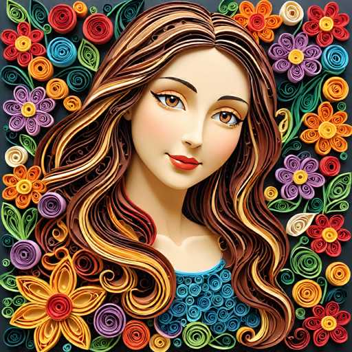 This intricately detailed artwork features a stylized, digital portrait of a woman with flowing, swirling brown hair adorned with vibrant floral patterns. The woman's face is softly rendered, and she gazes gently towards the viewer. The overall style is a blend of digital illustration and decorative art, emphasizing intricate textures and a whimsical aesthetic.