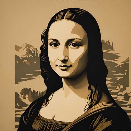 This image is a stylized, vintage-inspired rendition of Leonardo da Vinci's Mona Lisa. The main subject is the portrait of the woman, rendered in a muted sepia tone with a slightly textured, graphic style. The background features a landscape with mountains and water, creating a soft, atmospheric backdrop for the portrait.