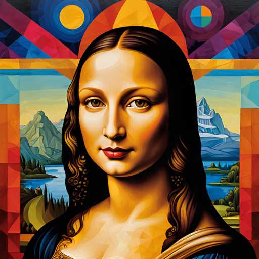 This artwork is a vibrant, mosaic-style reimagining of Leonardo da Vinci's Mona Lisa. The portrait features the iconic subject with a stylized, geometric composition, using a patchwork of colorful, angular shapes. The background depicts a landscape with mountains and water, creating a bold, modern interpretation of the classic Renaissance masterpiece.