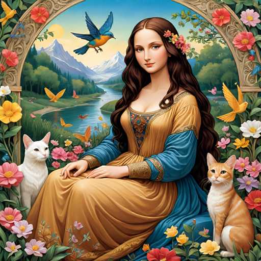 A serene portrait in a Renaissance-inspired style features a woman in a golden gown, surrounded by vibrant flowers and two cats. She sits centrally within an ornate archway, gazing calmly. A flowing river and mountains form a picturesque backdrop, with birds flitting about, creating a harmonious, dreamlike composition.
