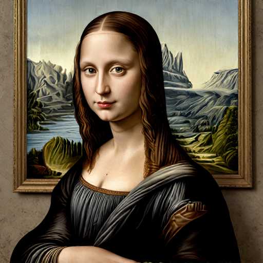 The image is a digital recreation of Leonardo da Vinci's "Mona Lisa," presented as a modern artwork. The main subject is the iconic portrait of the Mona Lisa, with her enigmatic smile and serene gaze. She's framed by a detailed, slightly stylized landscape painting in the background, creating a sense of depth. The art style is a digital interpretation, mimicking da Vinci's sfumato technique with soft transitions and subtle shading.
