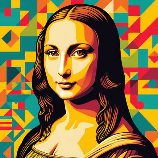 This vibrant, pop-art style rendition reimagines the Mona Lisa. The portrait features a stylized, geometric version of the iconic Renaissance masterpiece, with bold, flat blocks of color forming the subject's face and clothing. The spatial relationship is simplified, emphasizing a flat, graphic representation of the familiar figure against a similarly patterned background.