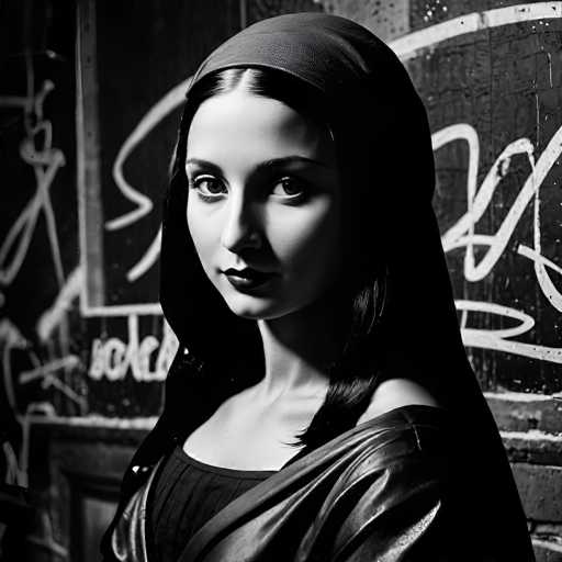 A striking black and white portrait features a young woman with long, dark hair and a dark head covering, gazing directly at the viewer. She wears a dark, textured garment against a graffiti-covered wall, creating a dramatic, high-contrast image with a focus on her intense gaze. The style is evocative and moody, emphasizing texture and shadow.