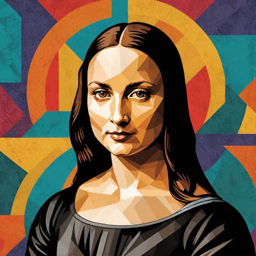 This image is a stylized, geometric rendition of the Mona Lisa, employing a low-poly aesthetic with polygonal shapes. The subject is presented in a close-up portrait, her gaze direct and intense. The background features a vibrant, mosaic-like pattern of geometric shapes in warm and cool tones, creating a modern, digital interpretation of the iconic Renaissance artwork.