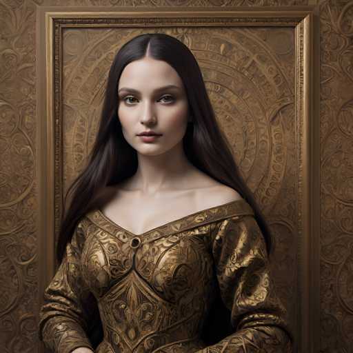 A woman in an ornate, golden gown with intricate patterns is centrally positioned within a gold-framed portrait. Her long, dark hair cascades around her shoulders, and she gazes directly at the viewer with a serene expression. The art style is highly detailed and reminiscent of Renaissance or Baroque portraiture, emphasizing rich textures and a formal composition.