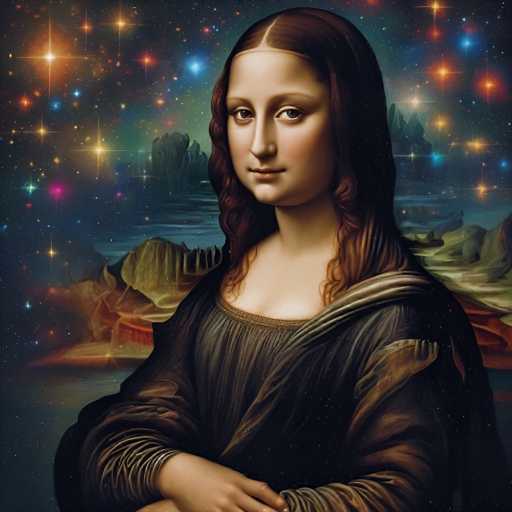 This digitally enhanced portrait reimagines Leonardo da Vinci's Mona Lisa, placing her within a cosmic setting. The subject is the iconic Renaissance painting, now framed by a starry, fantastical backdrop with swirling nebulae and celestial light. The spatial relationship is a blend of the traditional portrait's close-up focus on the subject and the expansive, otherworldly space. The art style is a digital interpretation of the Renaissance, with soft lighting and detailed textures.