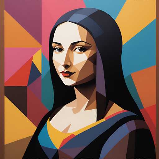 This is a stylized, geometric portrait of the Mona Lisa, rendered in a vibrant, low-poly aesthetic. The subject's face is constructed from angular polygons, creating a modern, abstract interpretation of the Renaissance masterpiece. The spatial relationship is simplified, with flat planes overlapping to form the image's depth.