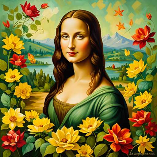 This digitally-enhanced portrait reimagines the Mona Lisa in a vibrant, floral style. The subject is depicted with a lush, fantastical garden surrounding her, featuring oversized flowers and a landscape backdrop. The art style blends Renaissance portraiture with a modern, painterly aesthetic, creating a whimsical and colorful interpretation of the iconic artwork.