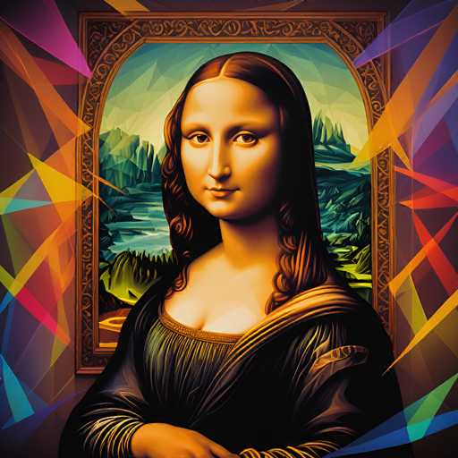 This image presents a stylized, digitally-altered rendition of the Mona Lisa. The iconic portrait is framed by a vibrant, geometric border with rainbow-colored polygonal shapes and a digital grid effect. The subject's face retains the classic Renaissance portraiture, while the background landscape is rendered with a modern, low-poly aesthetic.