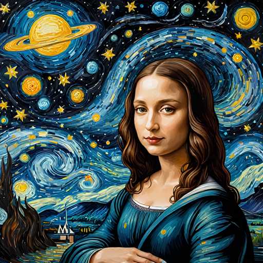 This digital artwork reimagines Leonardo da Vinci's "Mona Lisa" in the style of Vincent van Gogh's "Starry Night." The portrait features a woman with flowing brown hair, her gaze directed towards the viewer, set against a swirling, vibrant night sky filled with stars and a prominent Saturn-like planet. The spatial relationship is dynamic, with the cosmic elements swirling around the figure, creating a dreamlike and emotionally charged atmosphere.
