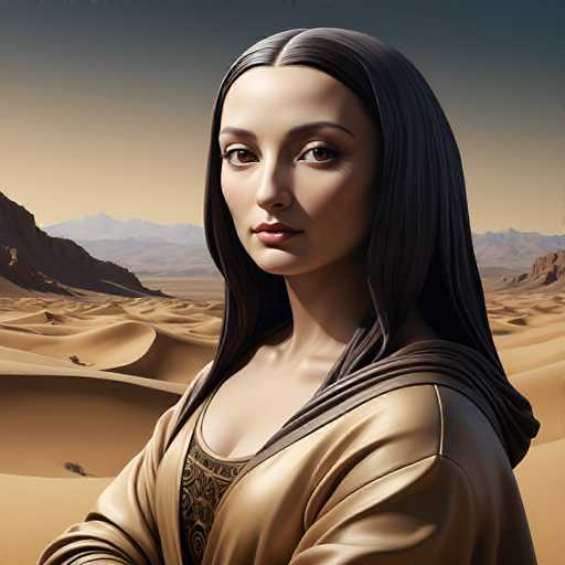 A woman with long, dark hair and a serene expression stands in the foreground of a vast, warm-toned desert landscape. She wears a draped, golden garment and gazes directly at the viewer. Rolling sand dunes stretch into the distance, with distant mountains adding depth to the scene. The art style is a blend of realistic portraiture and digital painting, emphasizing soft lighting and atmospheric perspective.
