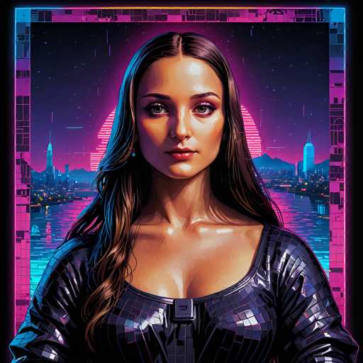 A woman with long, flowing brown hair and striking makeup dominates the frame in a vibrant cyberpunk portrait. She wears a futuristic, dark-patterned garment and gazes directly at the viewer. A neon-lit cityscape with a glowing pink moon and digital grid frame surrounds her, creating a retro-futuristic aesthetic.