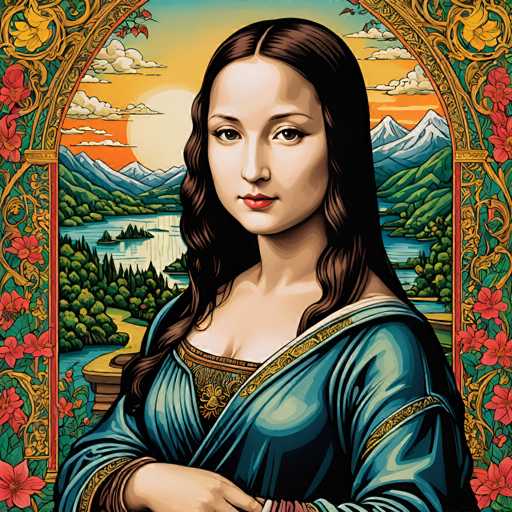 This digital artwork reimagines Leonardo da Vinci's Mona Lisa in a vibrant, stylized format. The portrait features the iconic woman with her enigmatic smile, framed by an ornate, digitally-rendered golden archway adorned with floral patterns. The background depicts a serene landscape of mountains, water, and a sunset sky, creating a modern, fantastical take on the classic Renaissance masterpiece.