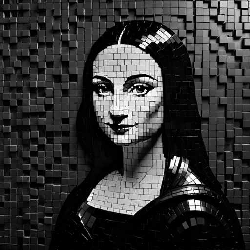 This image presents a digital mosaic portrait of the Mona Lisa, rendered in a pixelated style. The subject is a woman with a serene expression, her face composed of numerous small, black and white squares. The portrait is framed by a textured, pixelated background, creating a digital interpretation of the iconic Renaissance artwork.