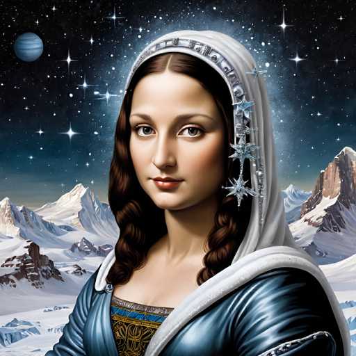 The image is a digital painting depicting the Virgin Mary, adorned in a blue and gold robe with a white headdress, set against a snowy mountain landscape under a starry night sky. A crescent moon and a distant planet are visible in the background, emphasizing a celestial setting. The art style is realistic with a slightly ethereal quality, focusing on soft lighting and detailed textures.