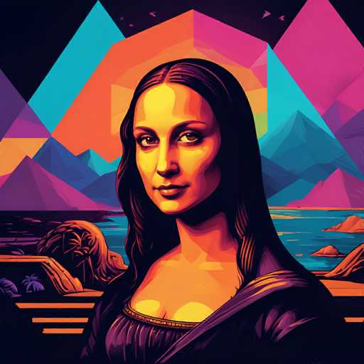 This vibrant, retro-inspired digital artwork reimagines the Mona Lisa in a bold, geometric style. The subject is depicted with a stylized, polygonal aesthetic, contrasting the traditional portrait with a modern, low-poly interpretation. The background features a stylized landscape of mountains and water, creating a visually striking, abstract composition.