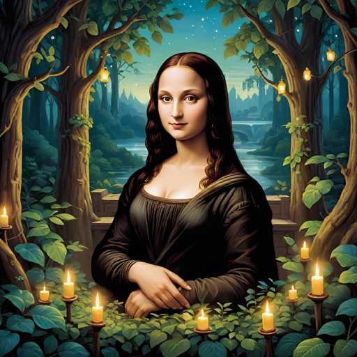 The image presents a digital artwork reimagining the Mona Lisa in an enchanted forest setting. The subject, Leonardo da Vinci's iconic portrait, is nestled amongst lush foliage and glowing candles, with a serene river flowing in the background. The art style blends Renaissance portraiture with a fantastical, dreamlike forest aesthetic, creating an ethereal and slightly surreal composition.