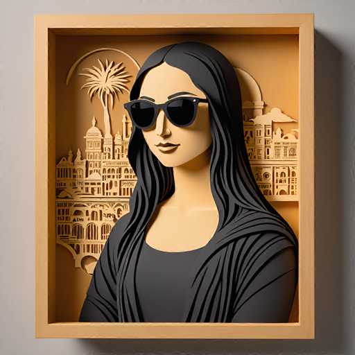 This is a 3D-style artwork depicting a woman with sunglasses, framed by a decorative wooden frame. The central figure is intricately detailed and appears to be made of layered, textured material. Behind her, a stylized cityscape with palm trees is visible, suggesting an exotic or travel-themed design. The overall style is modern and illustrative, emphasizing depth and form.