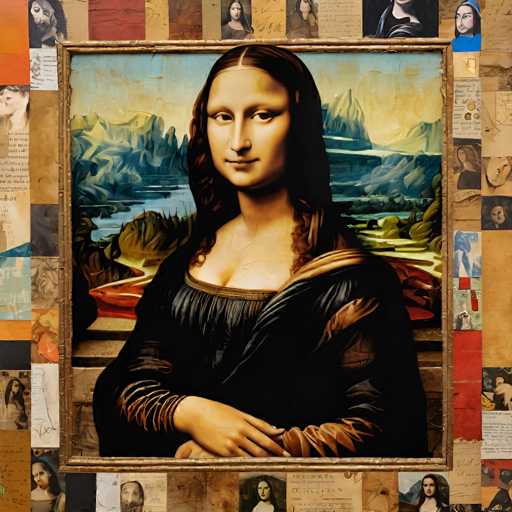 This image is a collage featuring Leonardo da Vinci's Mona Lisa, presented as a composite of various historical documents and sketches. The portrait is centrally positioned within a framed arrangement, surrounded by fragmented text and portraits, creating a layered, historical context. The art style blends the iconic Renaissance portrait with a collage aesthetic, emphasizing the artwork's historical origins and fragmented nature.