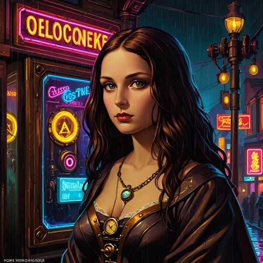 A woman with long, wavy brown hair gazes directly at the viewer in a neon-lit, rain-soaked city street. She wears a detailed, dark brown dress with ornate gold accents and a vintage-style necklace. The background features vibrant neon signs, creating a retro, cyberpunk aesthetic with a focus on atmospheric lighting and depth.