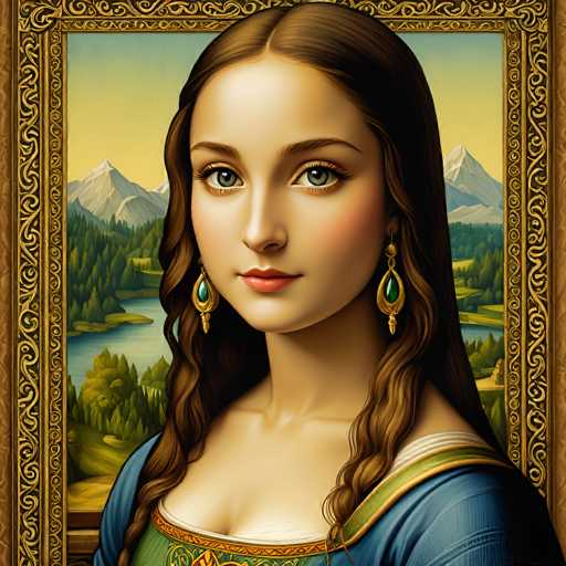 This digital artwork reimagines Leonardo da Vinci's "Mona Lisa" in a modern, detailed style. The portrait features a woman with long, flowing brown hair and a serene expression, wearing a blue gown adorned with green accents. She's framed by an ornate gold frame and set against a landscape of mountains, a lake, and lush greenery. The style blends classical portraiture with contemporary digital artistry.