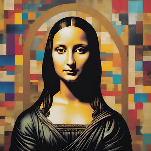 This digital artwork reimagines Leonardo da Vinci's Mona Lisa, applying a vibrant, mosaic-like style. The portrait features the iconic subject with her enigmatic smile, framed by a colorful, pixelated background reminiscent of a digital collage. The spatial relationship is traditional, with the subject centrally positioned within an arched frame, creating a modern, abstract interpretation of the classic Renaissance masterpiece.