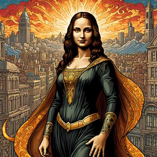 A woman in a dark, ornate gown and golden cape stands confidently in the foreground, bathed in a radiant, sun-like glow. Behind her is a detailed cityscape of fantastical buildings under a fiery, sunset sky. The art style is a richly detailed, digital illustration with a focus on intricate patterns and warm color palettes.