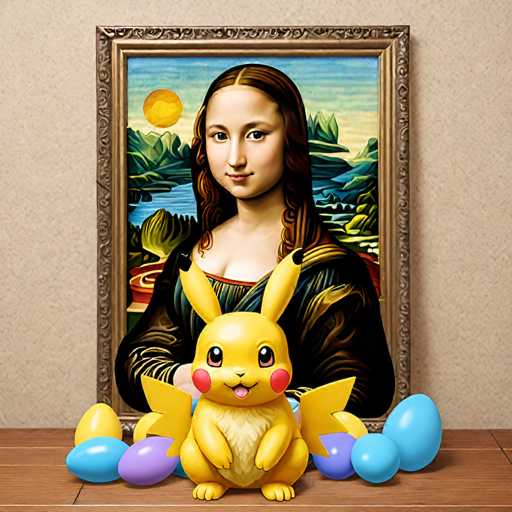 A Pikachu plush toy sits in front of a Mona Lisa-style painting, surrounded by pastel Easter eggs. The Pikachu is positioned centrally, with the painting's portrait of Mona Lisa behind it. The image blends a popular Pokémon character with a famous Renaissance artwork, creating a playful juxtaposition of pop culture and art.