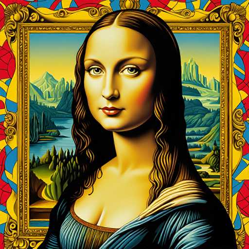 This image is a digital artwork reimagining the Mona Lisa in a vibrant, mosaic-style frame. The portrait features a woman with a serene expression, her gaze directed forward. The background depicts a landscape with mountains and a river, all rendered in a detailed, stylized manner reminiscent of traditional Renaissance art. The overall style is a blend of digital painting and mosaic aesthetics, creating a visually striking and modern interpretation of a classic.